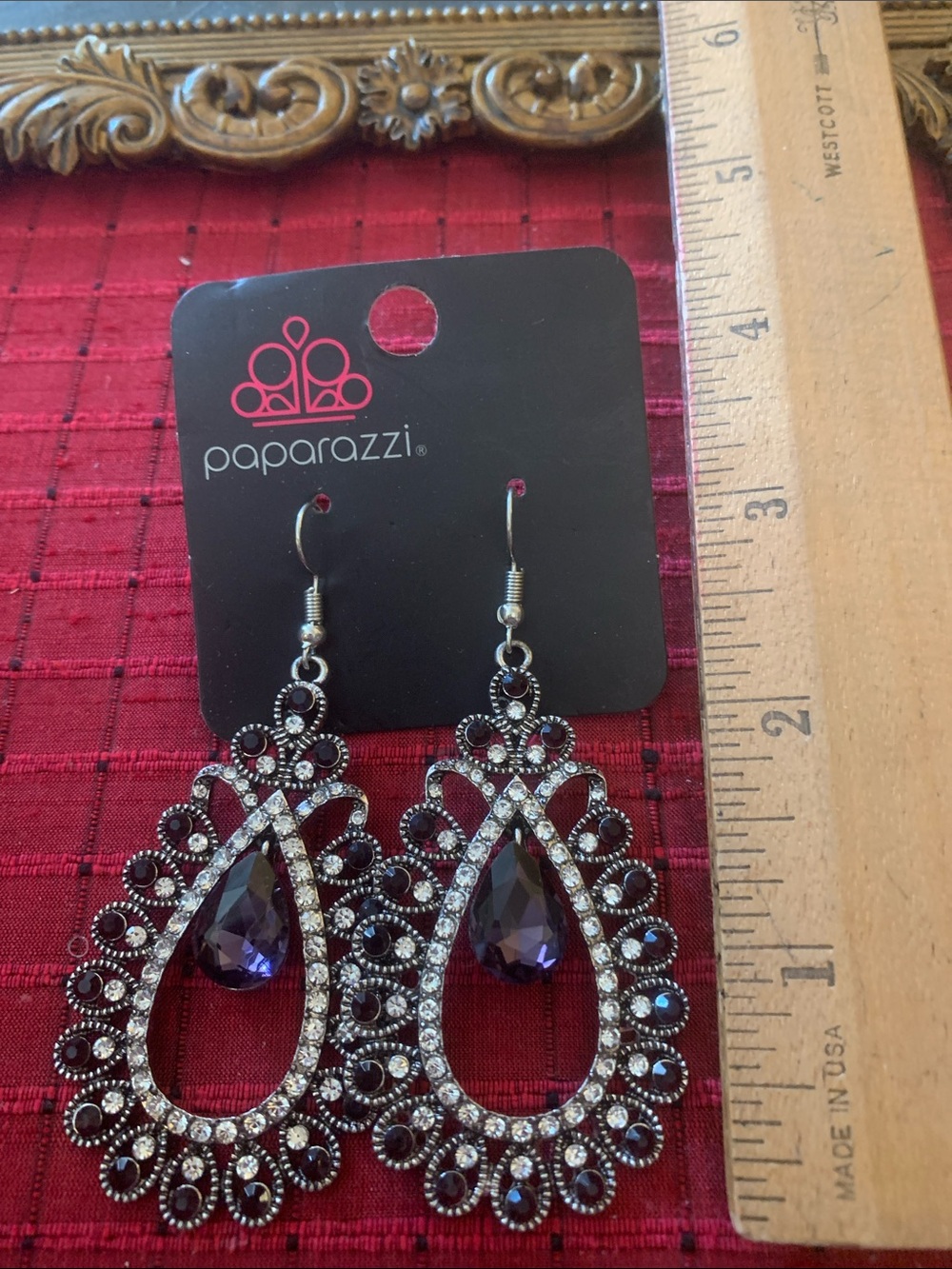paparazzi Purple Teardrop Crystal Filigree Dangle Earrings - Picture 4 of 4